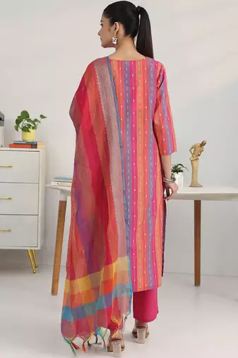 women striped regular thread work kurta with trousers & with dupatta