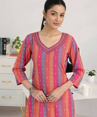 women striped regular thread work kurta with trousers & with dupatta 7