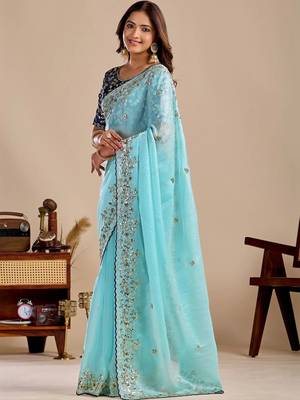 Blue floral sequinned silk blend designer saree 2