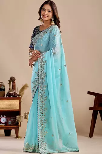 Blue floral sequinned silk blend designer saree