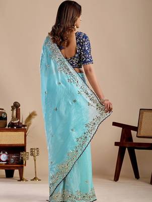 Blue floral sequinned silk blend designer saree 3