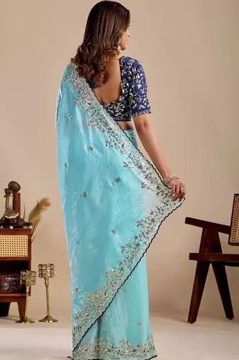 Blue floral sequinned silk blend designer saree