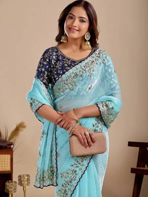 Blue floral sequinned silk blend designer saree 5