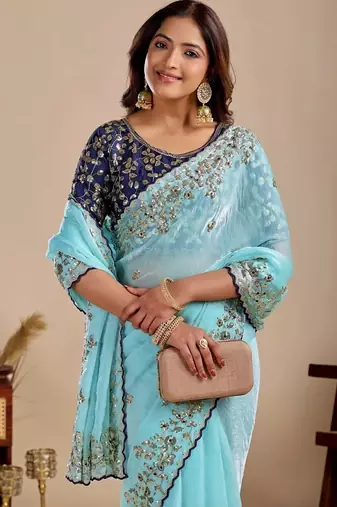 Blue floral sequinned silk blend designer saree