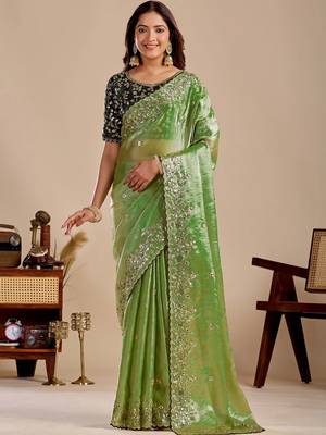 Lime floral sequinned silk blend designer saree 1