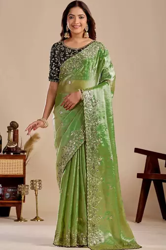 Lime floral sequinned silk blend designer saree