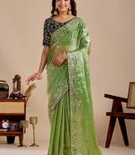 Lime floral sequinned silk blend designer saree
