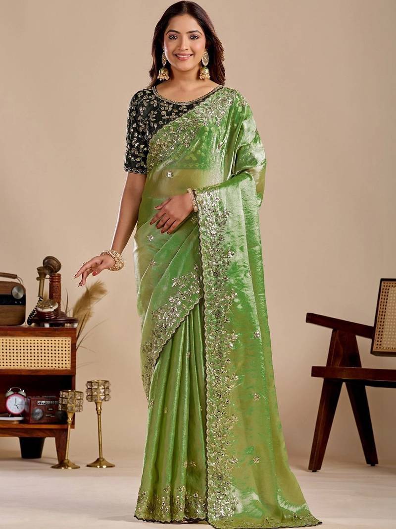 Lime floral sequinned silk blend designer saree