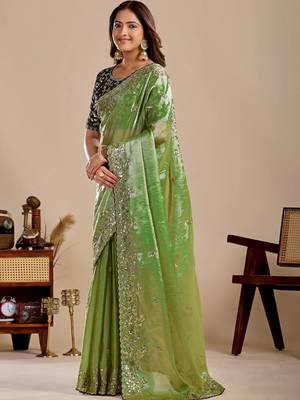 Lime floral sequinned silk blend designer saree 2