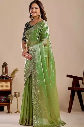Lime floral sequinned silk blend designer saree