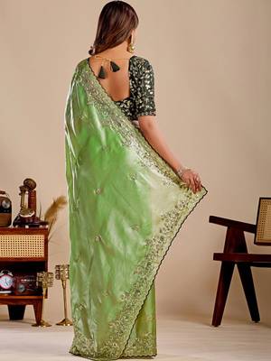 Lime floral sequinned silk blend designer saree 3