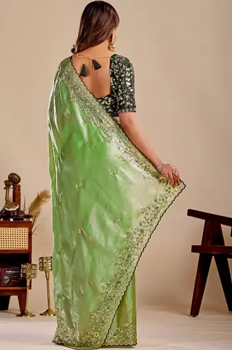 Lime floral sequinned silk blend designer saree