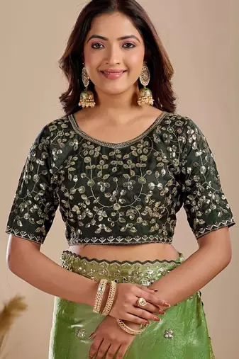 Lime floral sequinned silk blend designer saree