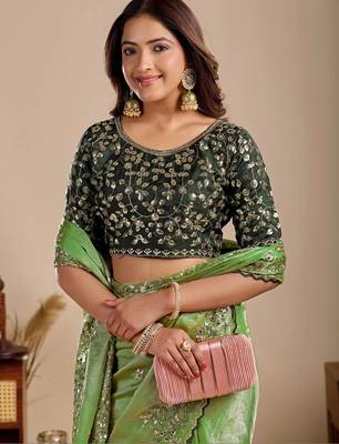 Lime floral sequinned silk blend designer saree 5