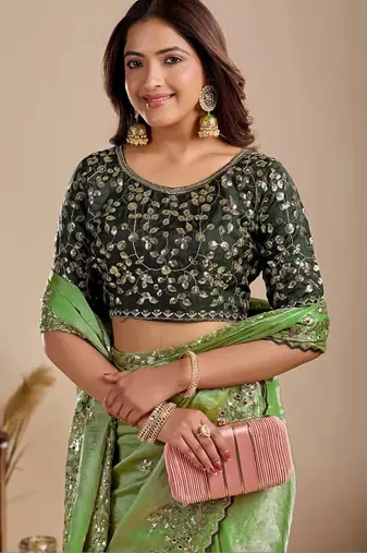 Lime floral sequinned silk blend designer saree