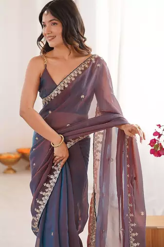 Multicolor embellished embroidered  chiffon heavy work saree