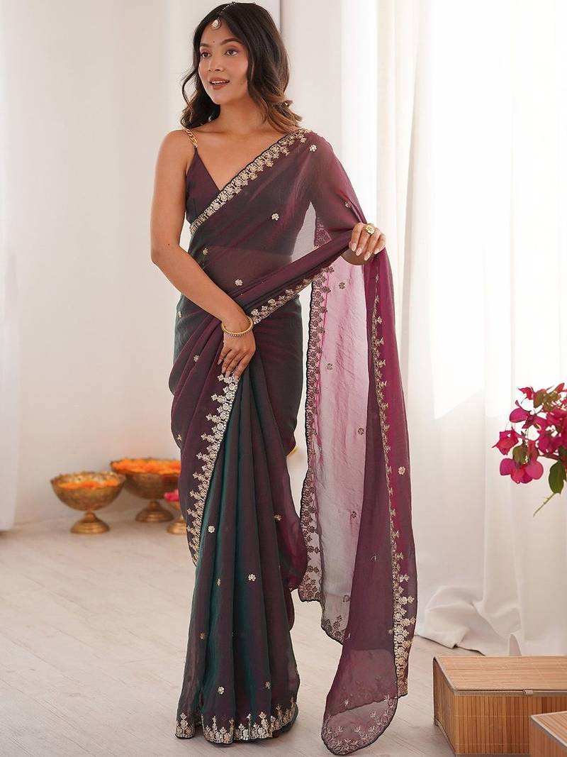 Multicolor embellished embroidered  chiffon saree
