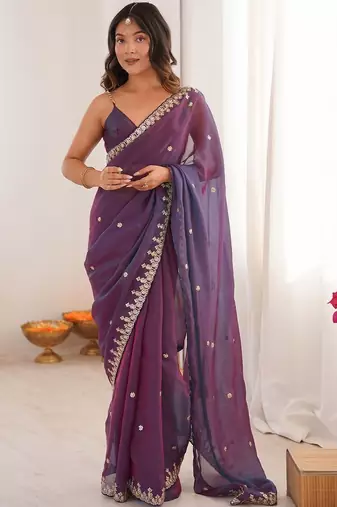 Purple embellished embroidered  chiffon heavy work saree