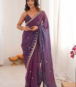 Purple embellished embroidered  chiffon heavy work saree