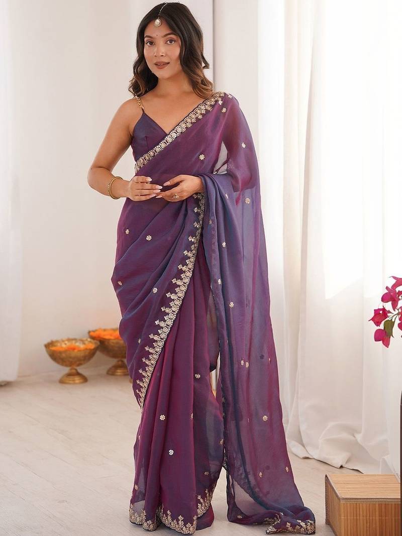 Purple embellished embroidered  chiffon heavy work saree