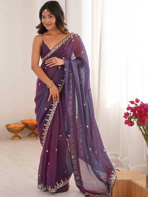 Purple embellished embroidered  chiffon heavy work saree 3