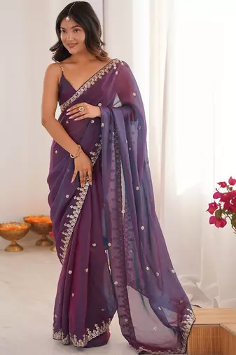 Purple embellished embroidered  chiffon heavy work saree
