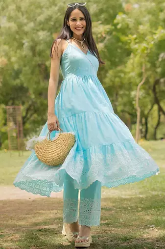 womens blue self design cotton anarkali kurta with trousers
