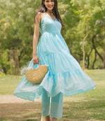 womens blue self design cotton anarkali kurta with trousers