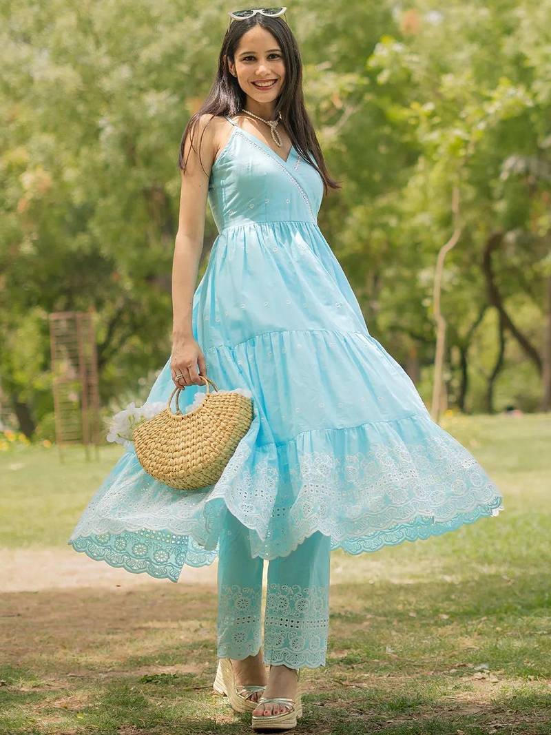 womens blue self design cotton anarkali kurta with trousers