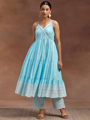 womens blue self design cotton anarkali kurta with trousers 2