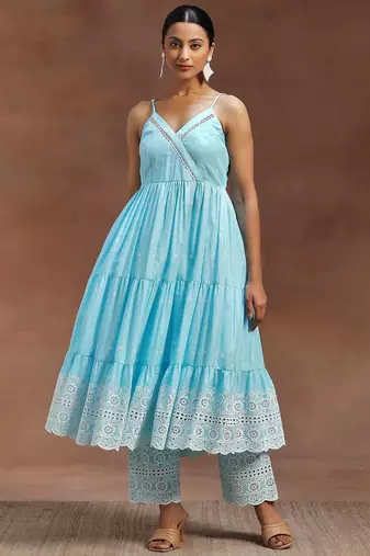 womens blue self design cotton anarkali kurta with trousers