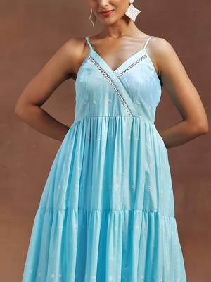 womens blue self design cotton anarkali kurta with trousers 3