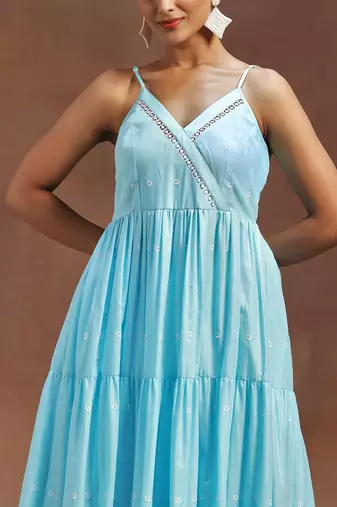 womens blue self design cotton anarkali kurta with trousers