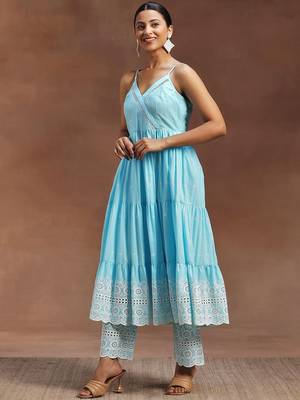 womens blue self design cotton anarkali kurta with trousers 4