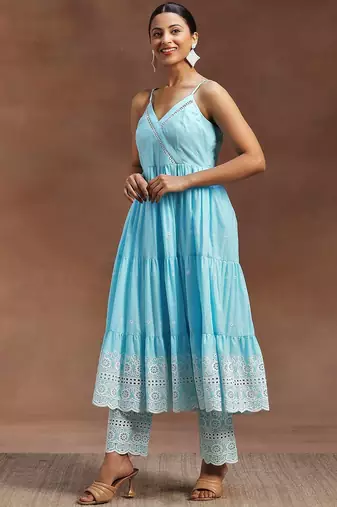 womens blue self design cotton anarkali kurta with trousers
