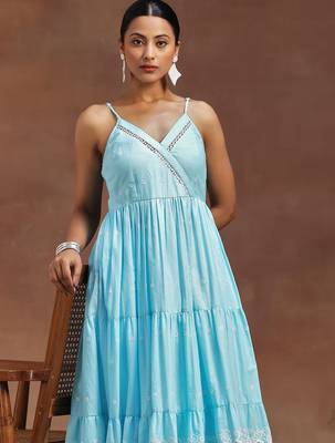 womens blue self design cotton anarkali kurta with trousers 5