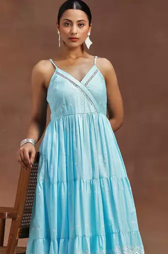 womens blue self design cotton anarkali kurta with trousers