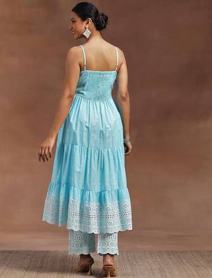 womens blue self design cotton anarkali kurta with trousers 6