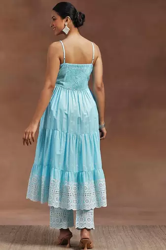 womens blue self design cotton anarkali kurta with trousers