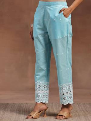 womens blue self design cotton anarkali kurta with trousers 7