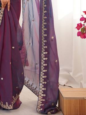 Purple embellished embroidered  chiffon heavy work saree 5