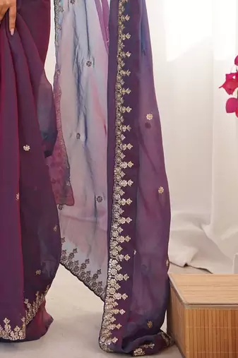 Purple embellished embroidered  chiffon heavy work saree