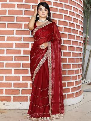 Maroon women red solid striped mirror work tissue saree 1