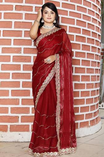 Maroon women red solid striped mirror work tissue saree