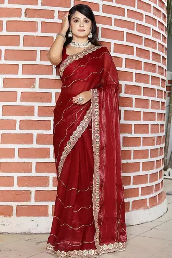 Maroon women red solid striped mirror work tissue saree