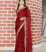 Maroon women red solid striped mirror work tissue saree