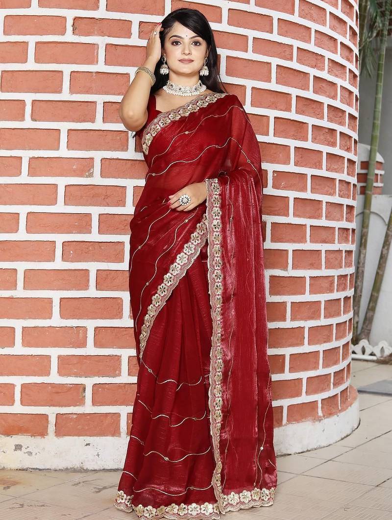 Maroon women red solid striped mirror work tissue saree