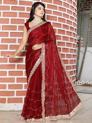 Maroon women red solid striped mirror work tissue saree 2
