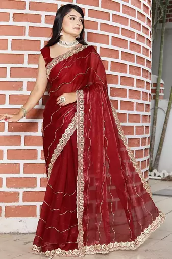 Maroon women red solid striped mirror work tissue saree