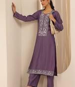 women ethnic motifs embroidered regular thread work kurta with trousers